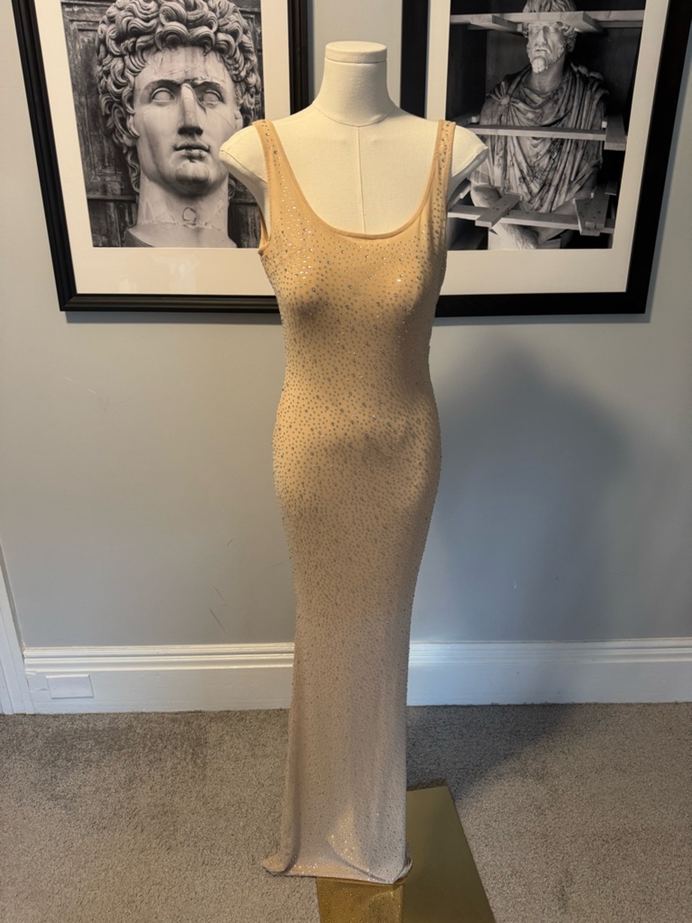 Fashion Nova Nude Beaded Backless Evening Gown